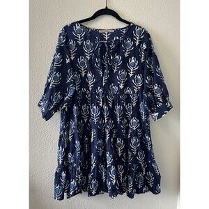 Dress Addict Women's Mini Dress Size Med Blue Batik Tiered Boho Puff Sleeve Chic